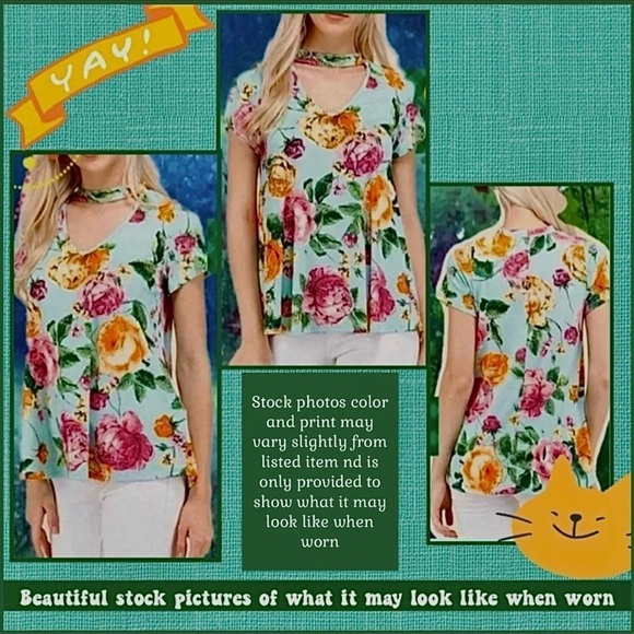 GUC M SUN & MOON M MINT BLUE ROMANTIC FLORAL TOP W V NECKLINE CUTOUT (bust 35") - Picture 4 of 11